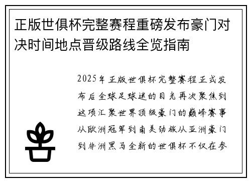 正版世俱杯完整赛程重磅发布豪门对决时间地点晋级路线全览指南