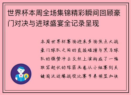 世界杯本周全场集锦精彩瞬间回顾豪门对决与进球盛宴全记录呈现